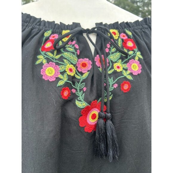 Umgee Women's‎ Black Floral Embroidered Boho Tunic Dress Bell Sleeves Size M - Picture 2 of 7